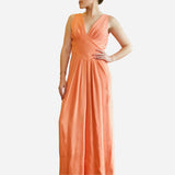 Peach Sleeveless V-Neck Floor-Length Evening Gown