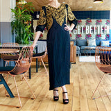 Black and Gold Beaded Embellished Long Sleeve Ankle-Length Dress
