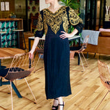 Black and Gold Beaded Embellished Long Sleeve Ankle-Length Dress