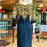 Black and Gold Beaded Embellished Long Sleeve Ankle-Length Dress