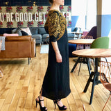 Black and Gold Beaded Embellished Long Sleeve Ankle-Length Dress