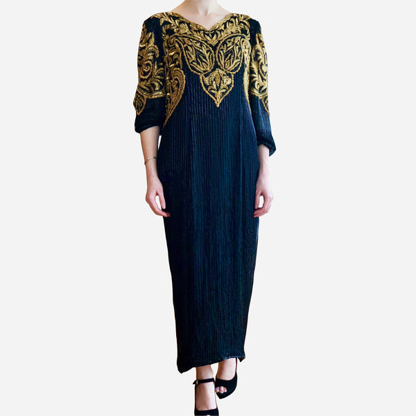 Black and Gold Beaded Embellished Long Sleeve Ankle-Length Dress