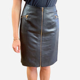 Black Leather Knee-Length Zipper Skirt