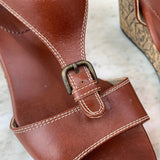Brown Leather and Cork Embossed Sandals Wedges