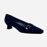 Navy-Blue Suede Square-Toe Low-Heeled Pumps