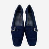 Navy-Blue Suede Square-Toe Low-Heeled Pumps