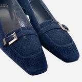 Navy-Blue Suede Square-Toe Low-Heeled Pumps