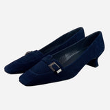 Navy-Blue Suede Square-Toe Low-Heeled Pumps