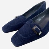 Navy-Blue Suede Square-Toe Low-Heeled Pumps