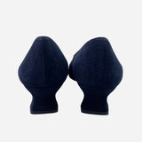 Navy-Blue Suede Square-Toe Low-Heeled Pumps