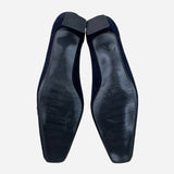 Navy-Blue Suede Square-Toe Low-Heeled Pumps