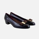 Chocolate Leather Vara Bow Round-Toe Low-Heeled Pumps
