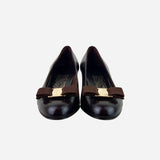 Chocolate Leather Vara Bow Round-Toe Low-Heeled Pumps