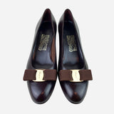 Chocolate Leather Vara Bow Round-Toe Low-Heeled Pumps