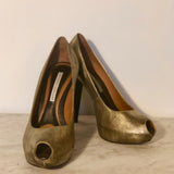 Antique Gold Hidden Platform Peep-Toe Pumps