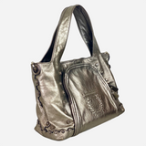 Metallic Silver Leather Gancini Shoulder Bag
