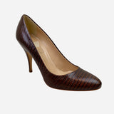Brown Embossed Leather Round-Toe Pumps
