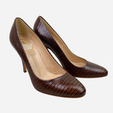 Brown Embossed Leather Round-Toe Pumps