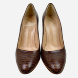 Brown Embossed Leather Round-Toe Pumps