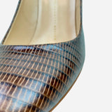 Brown Embossed Leather Round-Toe Pumps