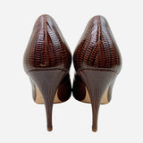 Brown Embossed Leather Round-Toe Pumps