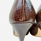 Brown Embossed Leather Round-Toe Pumps