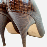 Brown Embossed Leather Round-Toe Pumps