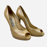Tan Patent Leather Peep-Toe Pumps