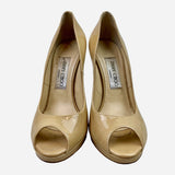 Tan Patent Leather Peep-Toe Pumps