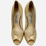 Tan Patent Leather Peep-Toe Pumps