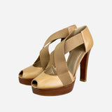 Tan Criss-Cross Peep-Toe Platform Pumps