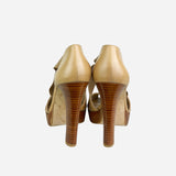 Tan Criss-Cross Peep-Toe Platform Pumps