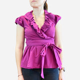 Purple Peplum Cap-Sleeve Wrap-Top Blouse