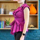 Purple Peplum Cap-Sleeve Wrap-Top Blouse