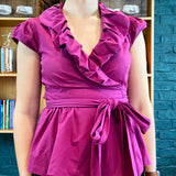 Purple Peplum Cap-Sleeve Wrap-Top Blouse