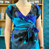 Blue Multicolor Short Sleeve Silk Wrap-Top