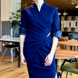 Navy-Blue Asymmetric Pleated Wrap Jacket Wool Skirt Suit