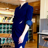 Navy-Blue Asymmetric Pleated Wrap Jacket Wool Skirt Suit