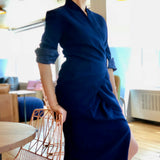 Navy-Blue Asymmetric Pleated Wrap Jacket Wool Skirt Suit