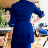 Navy-Blue Asymmetric Pleated Wrap Jacket Wool Skirt Suit