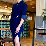 Navy-Blue Asymmetric Pleated Wrap Jacket Wool Skirt Suit