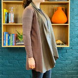 Brown Knit and Taupe Leather Trim Open-Front Cardigan