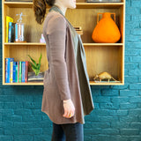 Brown Knit and Taupe Leather Trim Open-Front Cardigan