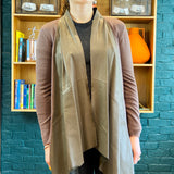 Brown Knit and Taupe Leather Trim Open-Front Cardigan