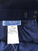 Navy-Blue Asymmetric Pleated Wrap Jacket Wool Skirt Suit