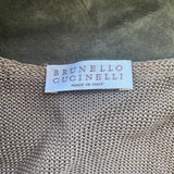 Brown Knit and Taupe Leather Trim Open-Front Cardigan