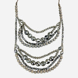 Gray Wood, Crystal, and Leather Multi-Strand Necklace