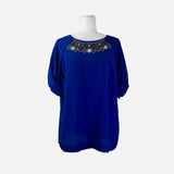 Blue Silk Short-Sleeve Embroidered Top