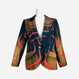 Red and Black Abstract Print Peak-Lapel Blazer