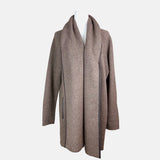 Brown Wool and Leather Trim Open-Front Cardigan